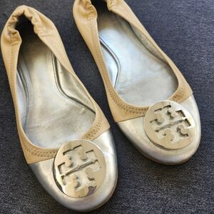 Tory Burch Tan and Silver Flats